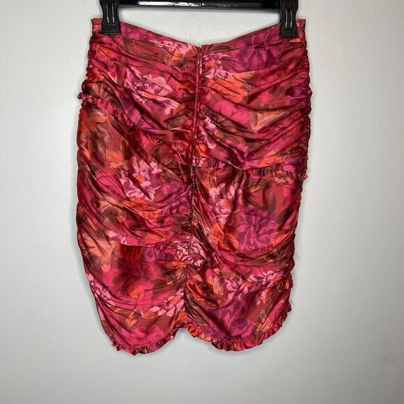 FOR LOVE & LEMONS Alia Mini Skirt Women Small Pink Red Floral Ruffle Trim Ruched - Picture 7 of 10